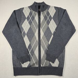 Cambridge Men's Medium Blue Full Zip Mock Neck Sweater Gray White Argyle Pattern